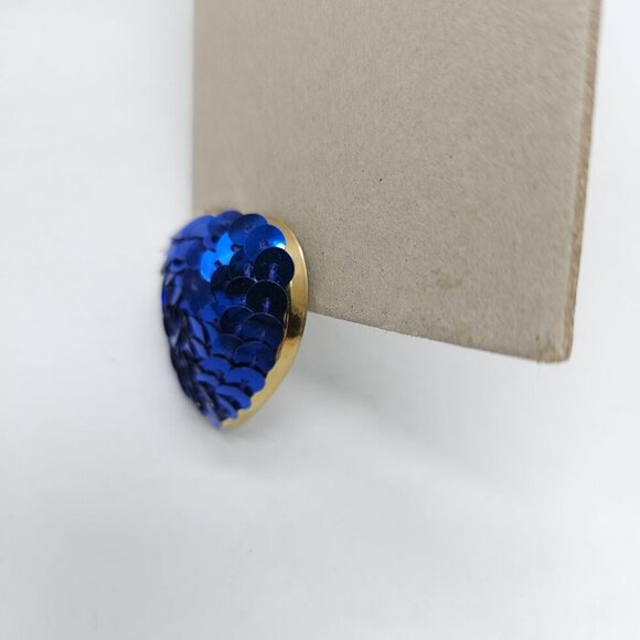 Vintage 1980s Heart Shaped Earrings With Blue Sequin Detailing Gold-Tone Trim - Picture 3 of 5